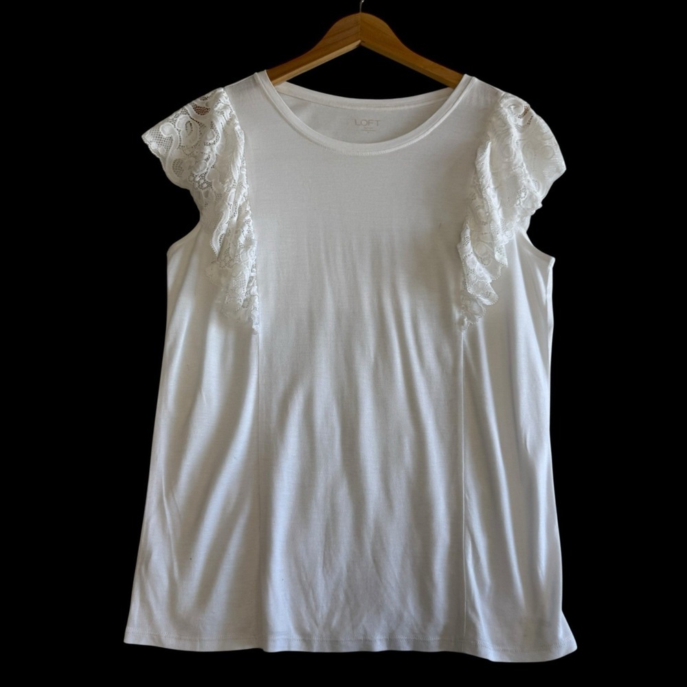LOFT Outlet White Knit Top Ruffle Lace Flutter Sleeve White‎ Women Size M #478